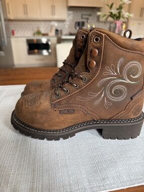 Steel Blue Brown Leather Embroidered Work Boots